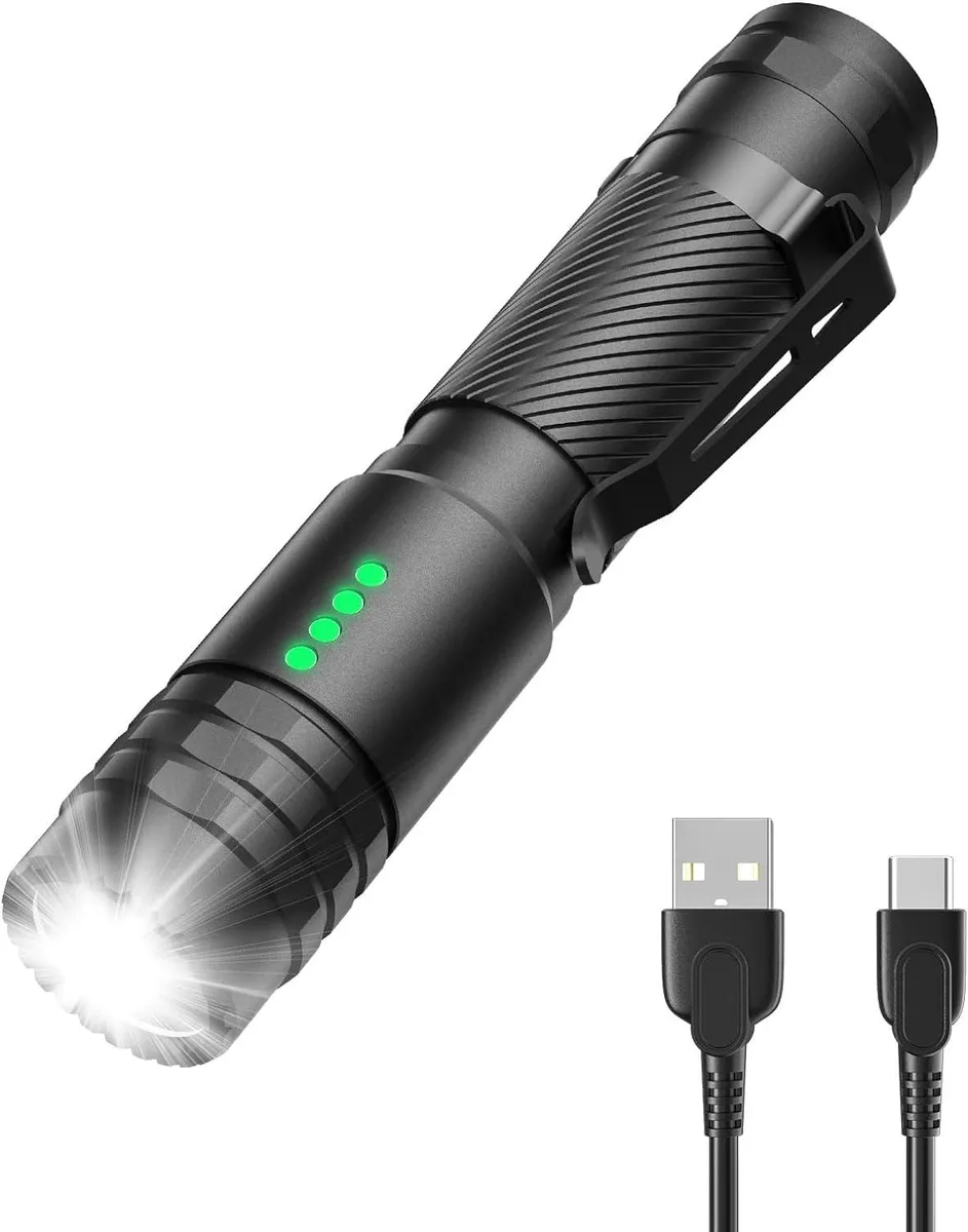 Compact black tactical flashlight with USB-C port, pocket clip and four power indicators