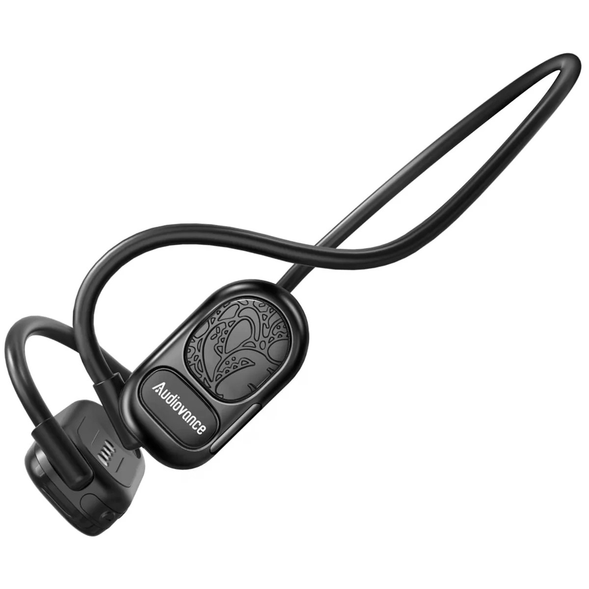 Black open-ear headphones with flexible ear hooks and silicone finish