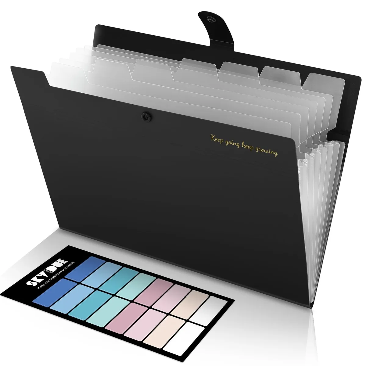 Black polypropylene expanding wallet folder with eight transparent pockets and elastic closure