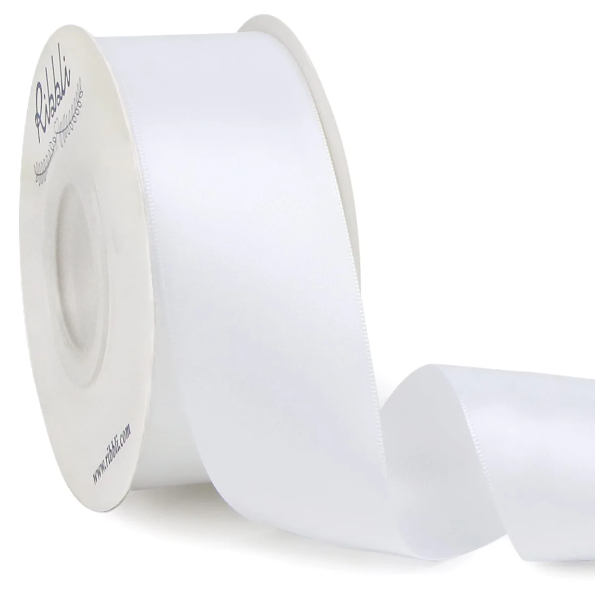 White double-faced satin ribbon spool 1-1/2 inches wide 25 yards