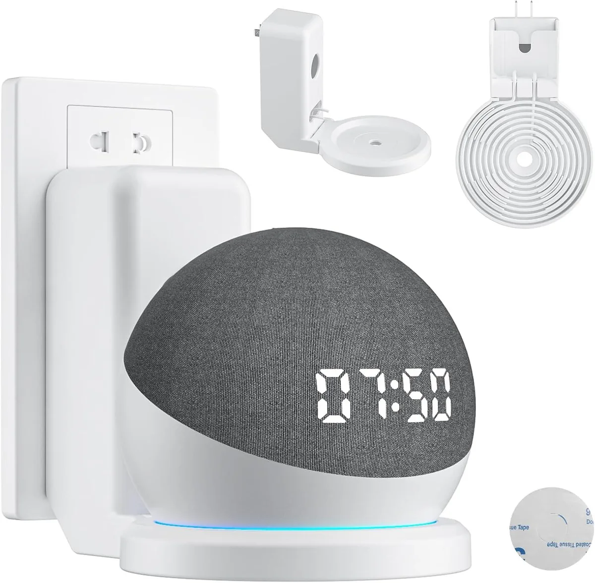 White wall mount for Echo Dot with cable channel, plugs into outlet