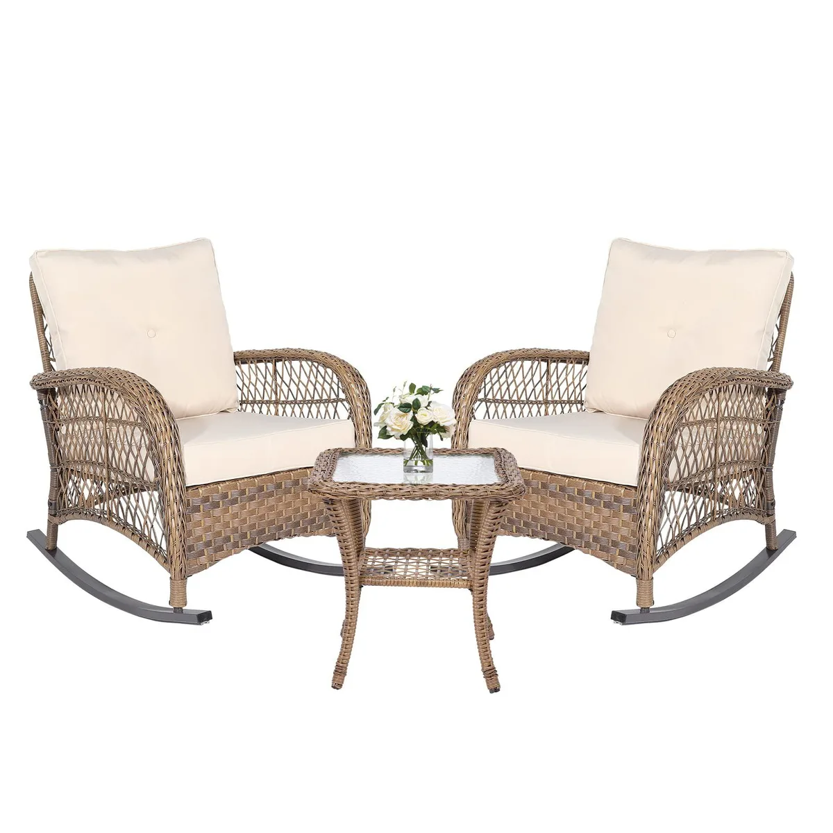 MEETWARM MEETWARM 3 Piece Wicker Rocking Chair Set Beige patio furniture — product photo