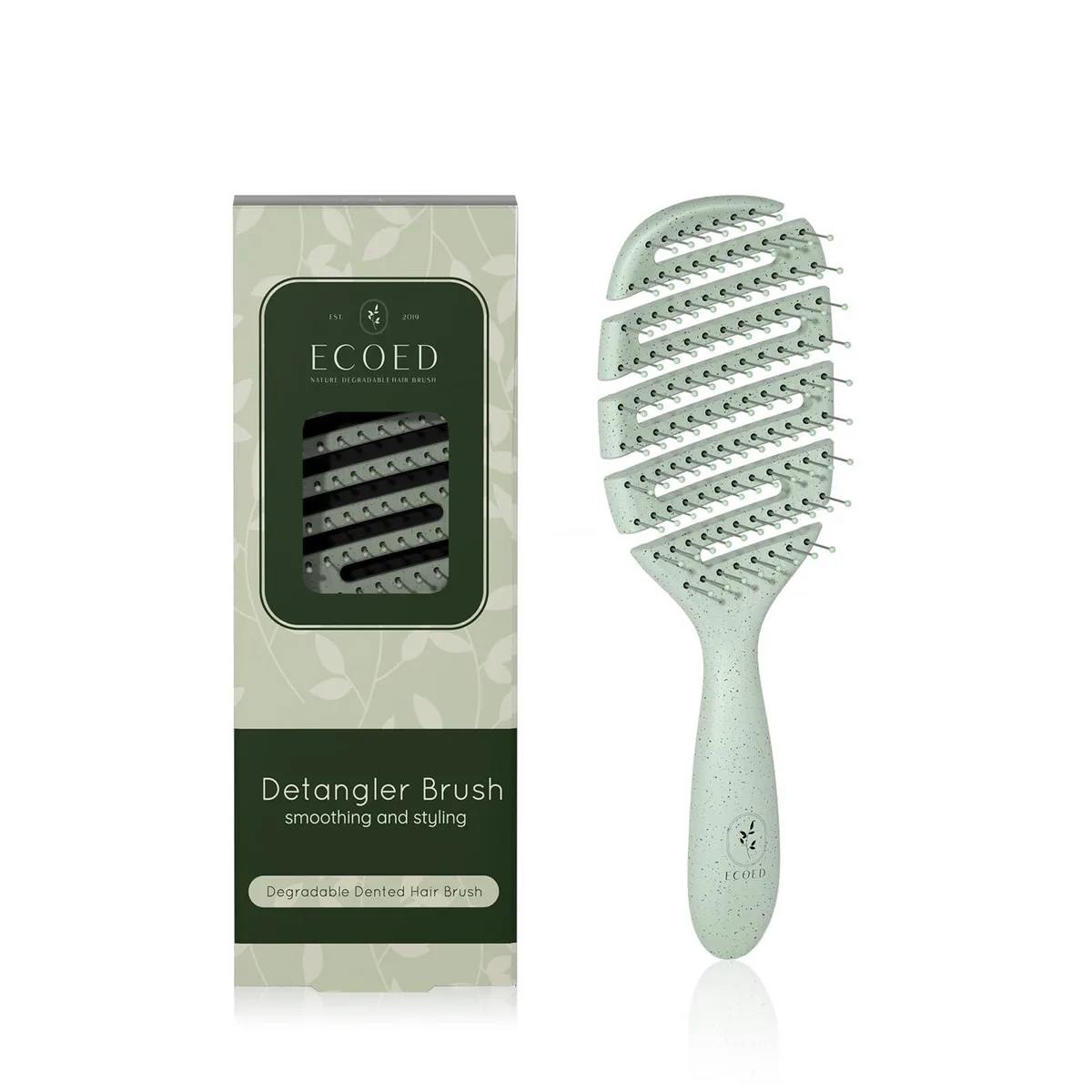 Green vented detangling hair brush with flexible bristles and ergonomic handle