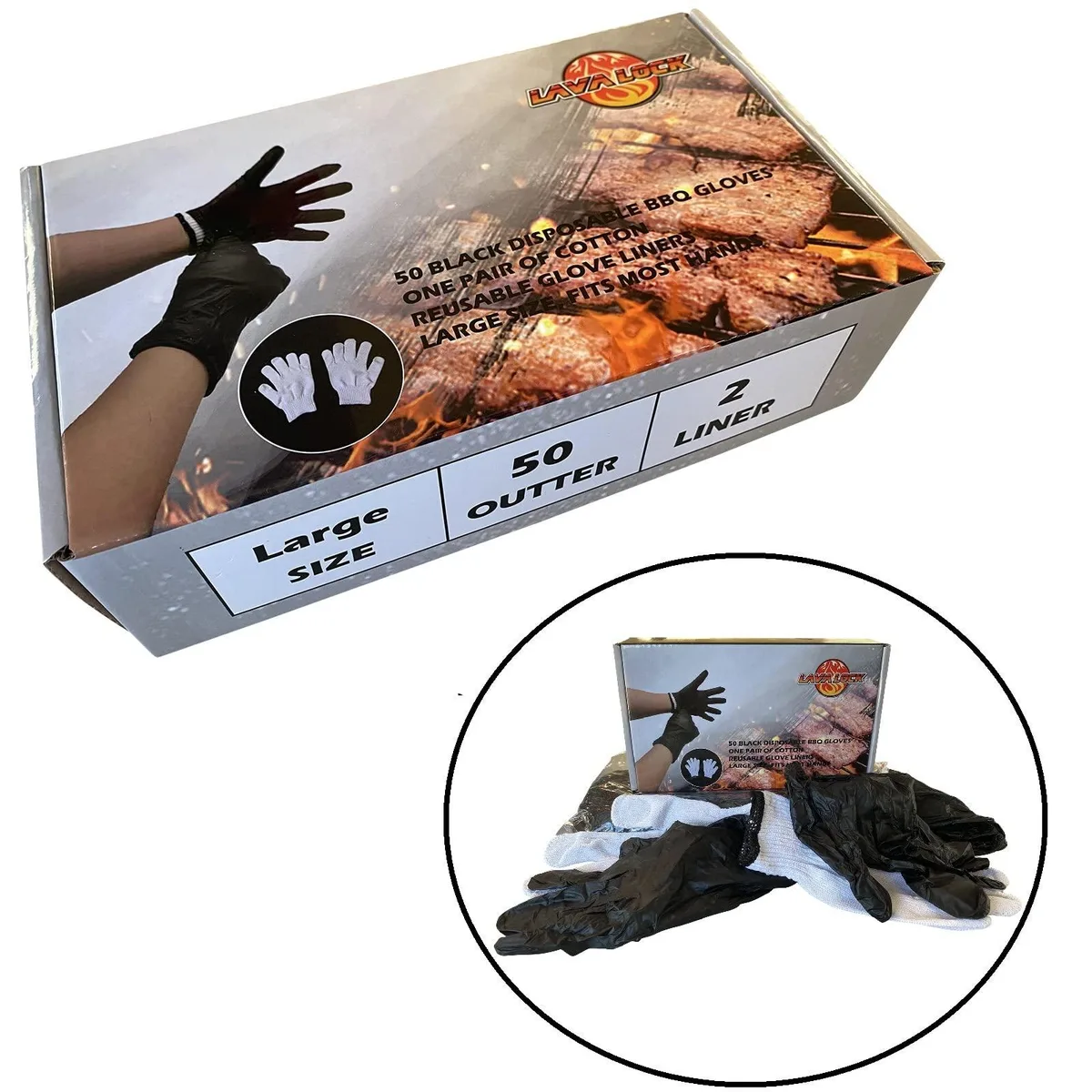  Vibe Disposable Nitrile BBQ Gloves with Cotton Liners Large 50 Count Black — product photo