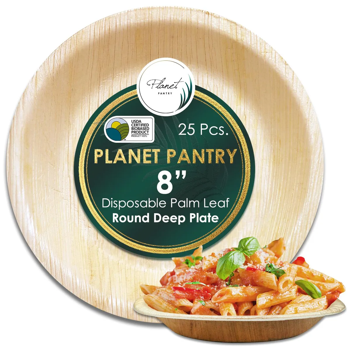 A stack of twenty-five round, deep palm-leaf plates with natural wood-grain texture