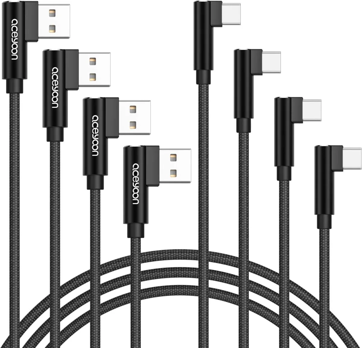 aceyoon Right Angle USB to USB C Cable 4 Pack 1/1.6/3/6.6ft 2.4A 90 Degree Nylon Braided — product photo
