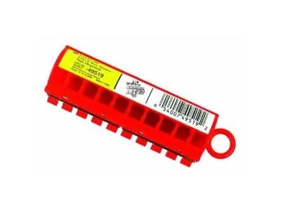 Yellow plastic dispenser with ten white tape rolls marked zero to nine