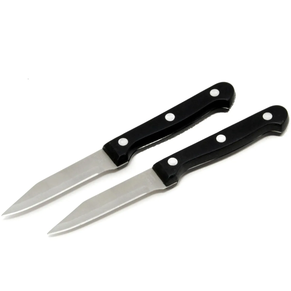 Two black stainless steel paring knives with 3.5 inch blades