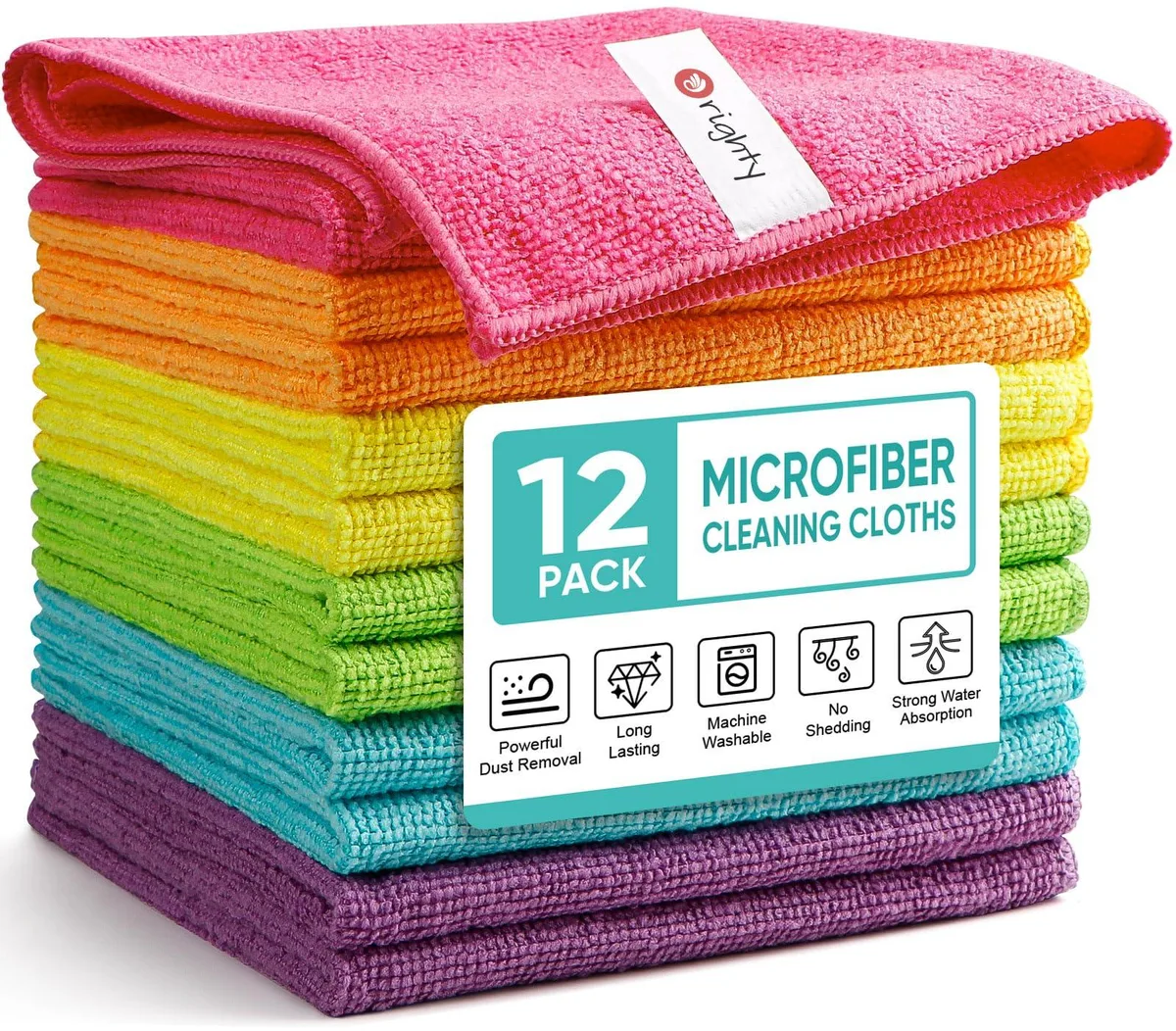 Twelve folded microfiber cloths in assorted colours, each 12 by 11 inches