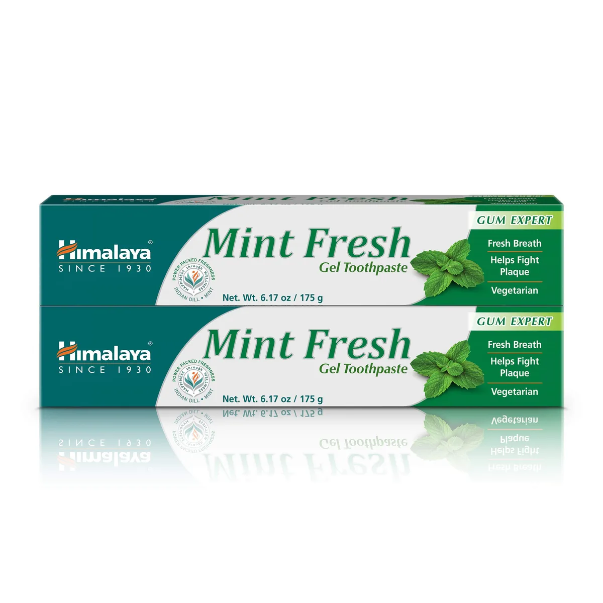 Two white tubes of mint fresh gel toothpaste in cardboard packaging