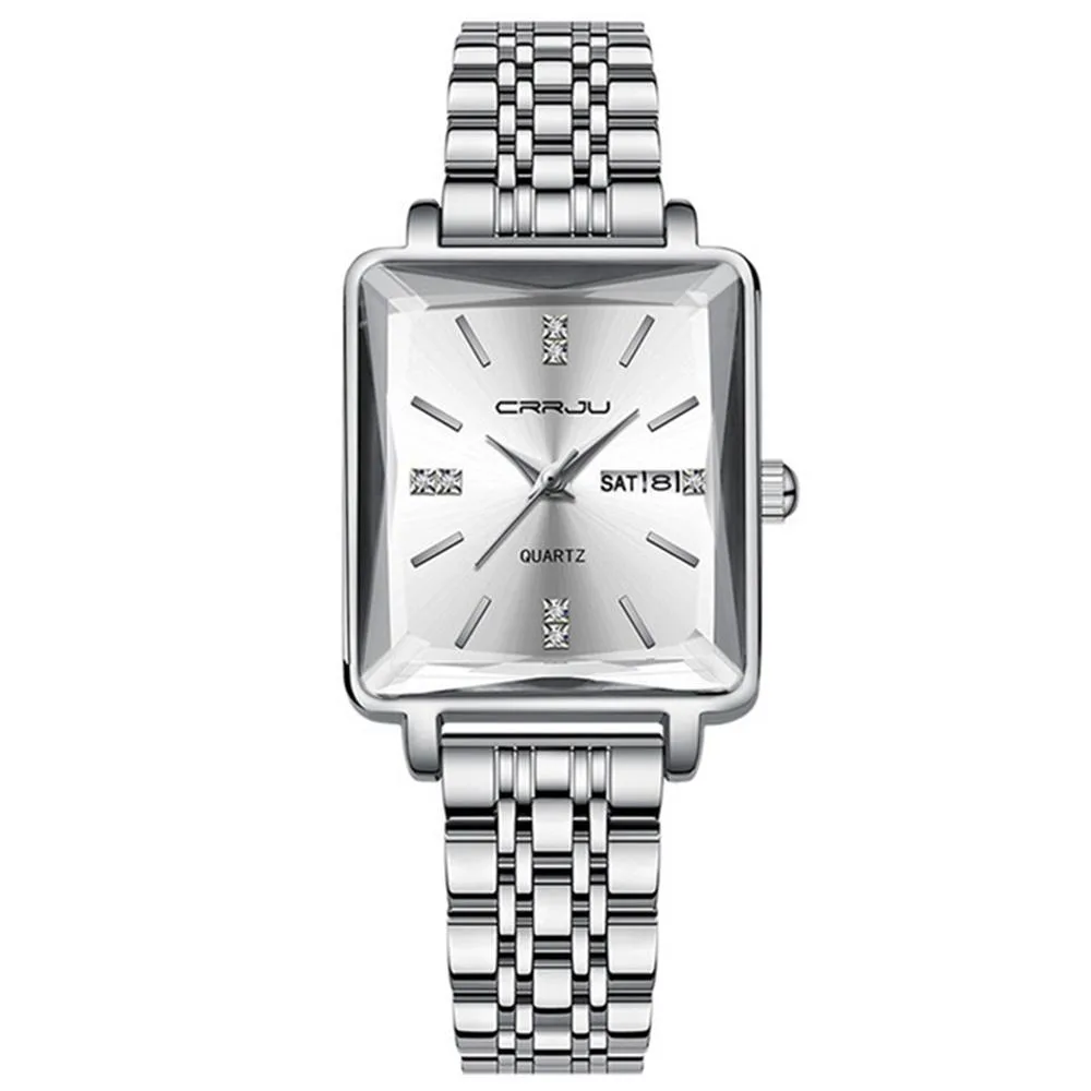 Silver women's analog watch with red dial and rose gold accents, mesh strap