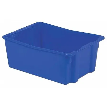 Blue rectangular plastic storage bin with stacking ridges