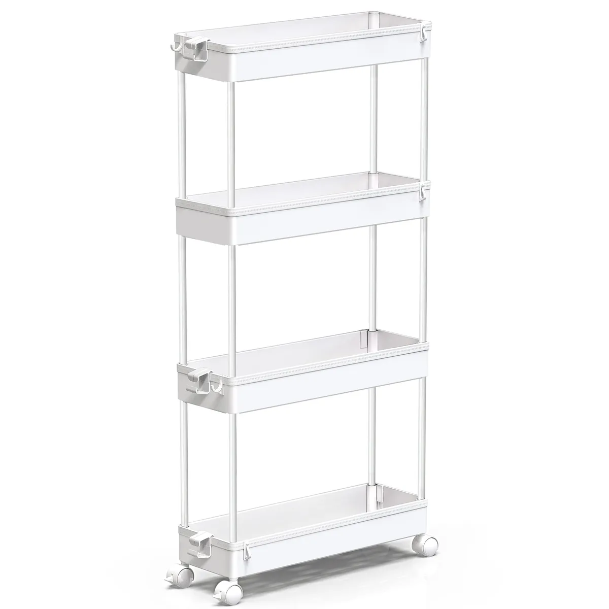 White four-tier plastic rolling cart with wheels and side hooks, 15.3 inches wide by 4.9 inches deep