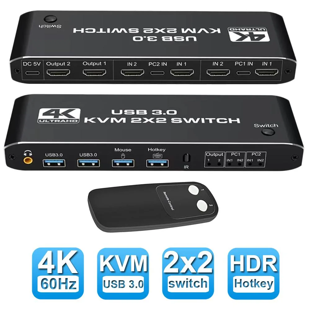 LUOM LUOM 2-in 2-out 4K@60Hz HDMI 2.0b KVM Switch with USB-C, USB 3.0, Audio, IR Remote — product photo