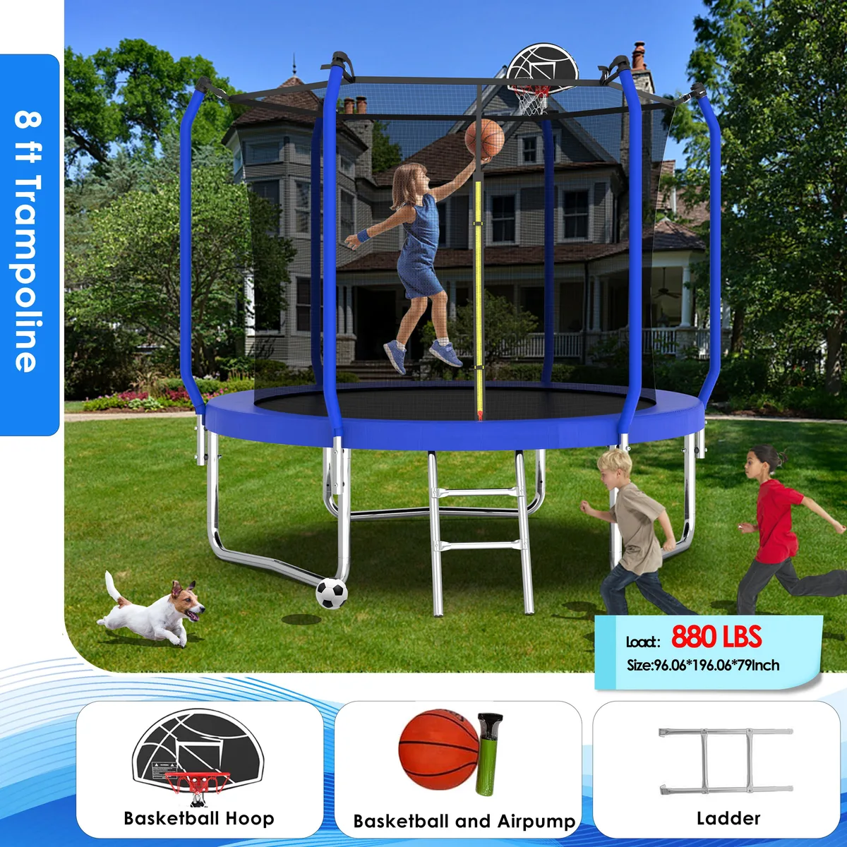 MERSCO MERSCO 8 ft Trampoline with Basketball Hoop, Safety Net &amp; Ladder — product photo