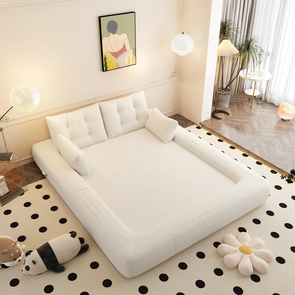 Beige and white foldable sofa bed in teddy fabric, 78.7 inches long