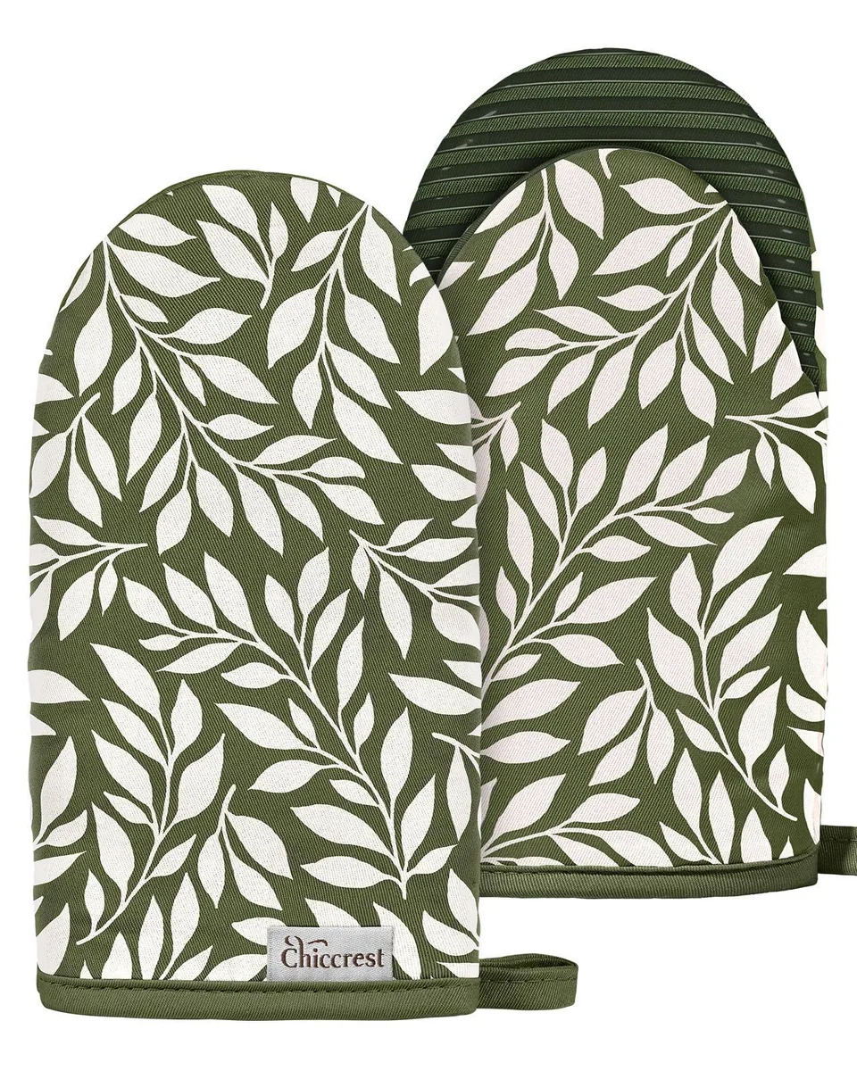  chiccrest Mini Oven Mitts Green Leaf 100% Cotton Silicone Grip — product photo