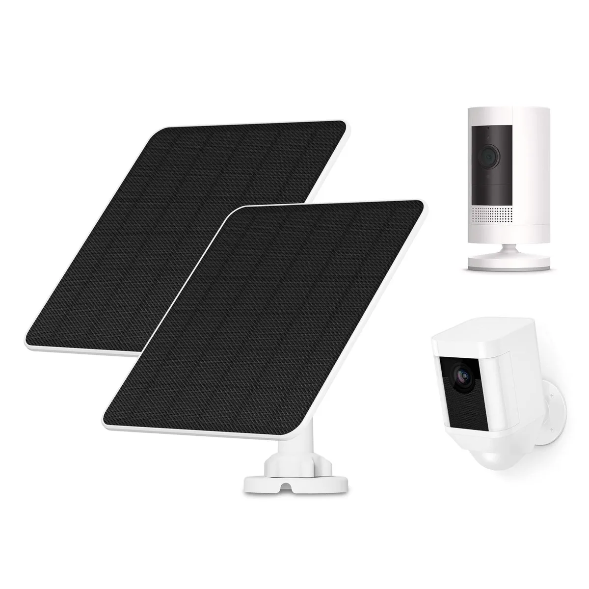 Two white rectangular solar panels with adjustable wall mounts and long cables