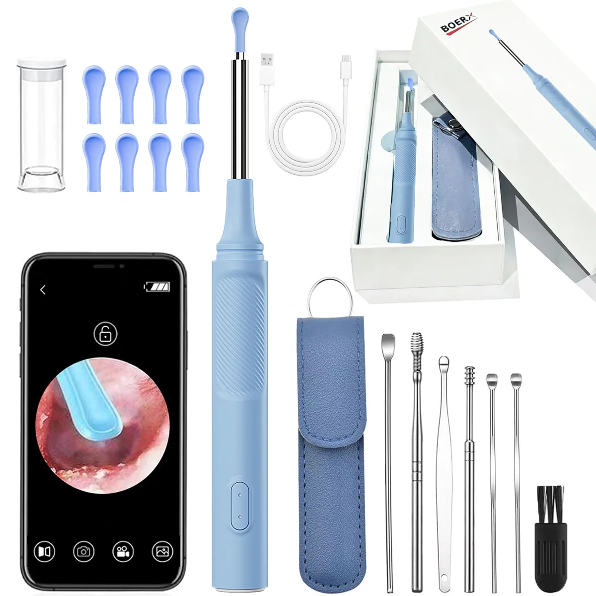 Blue ear wax removal kit with 1080P HD camera and LED lights