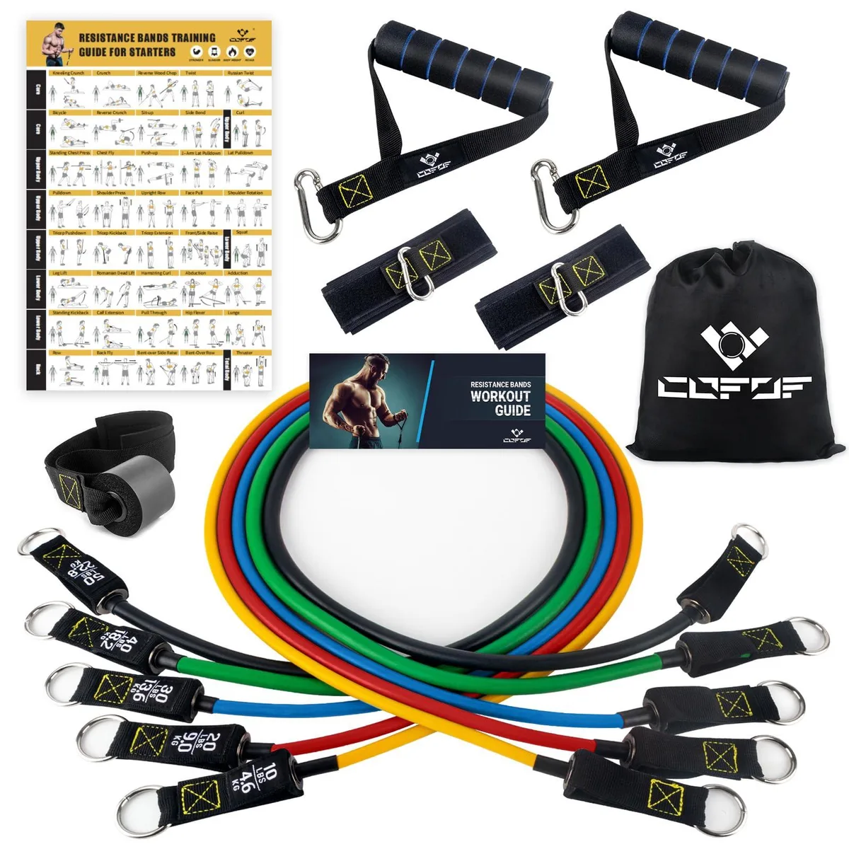  COFOF Resistance Bands Set 10-150 lbs Yellow Handles Door Anchor Ankle Straps — product photo