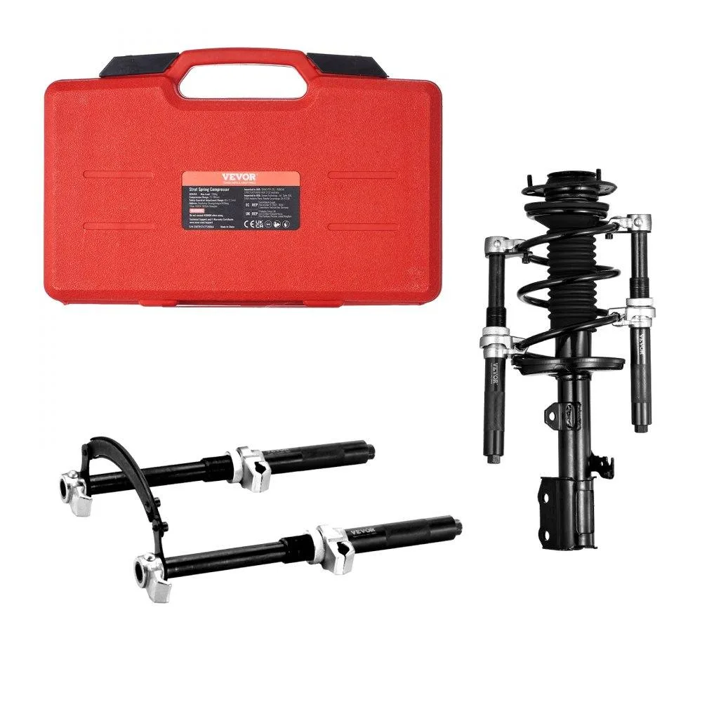 Pair of silver steel strut compressors with adjustable brackets and safety locking rings in black carrying case