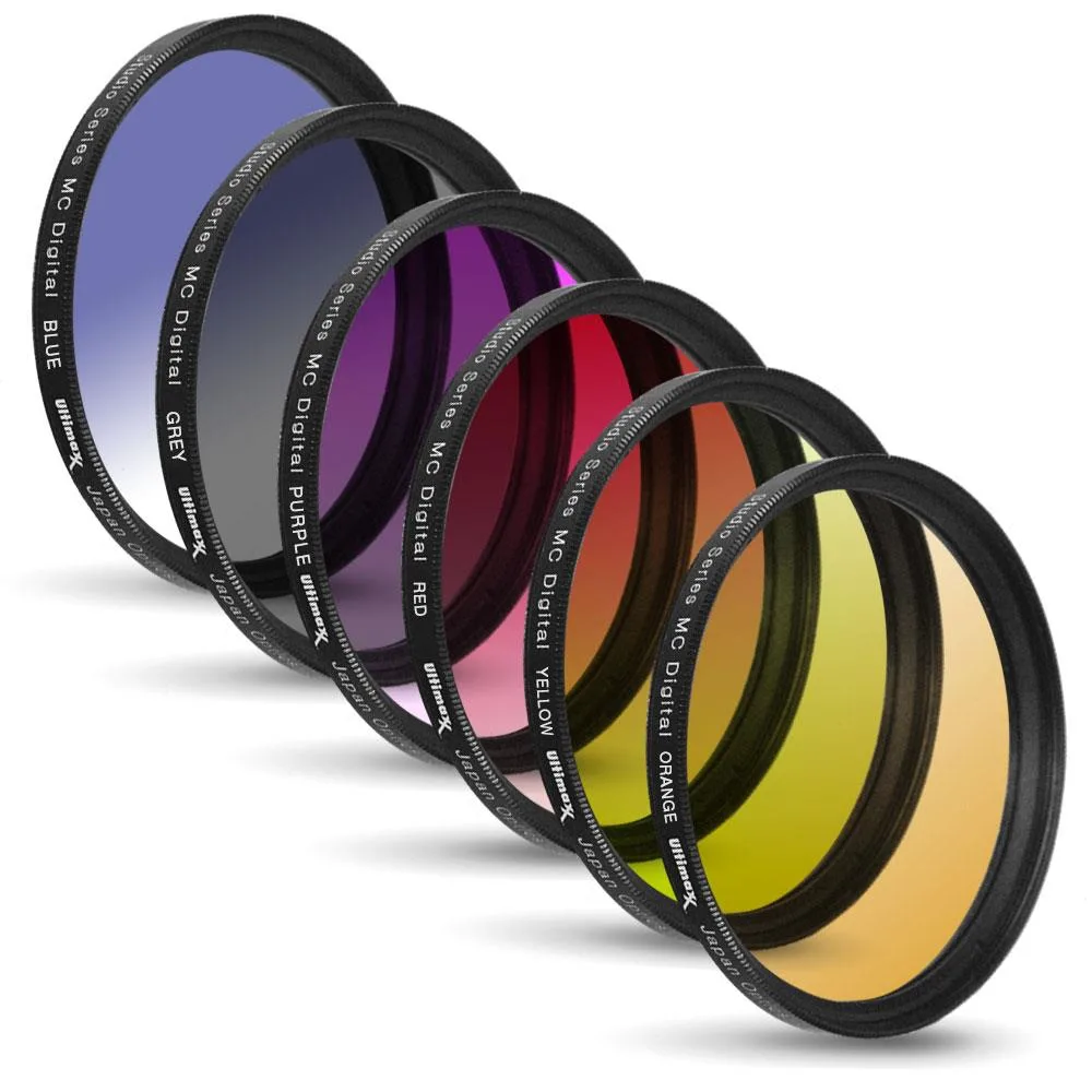 Six graduated color filters in rotating aluminium rings with a protective wallet