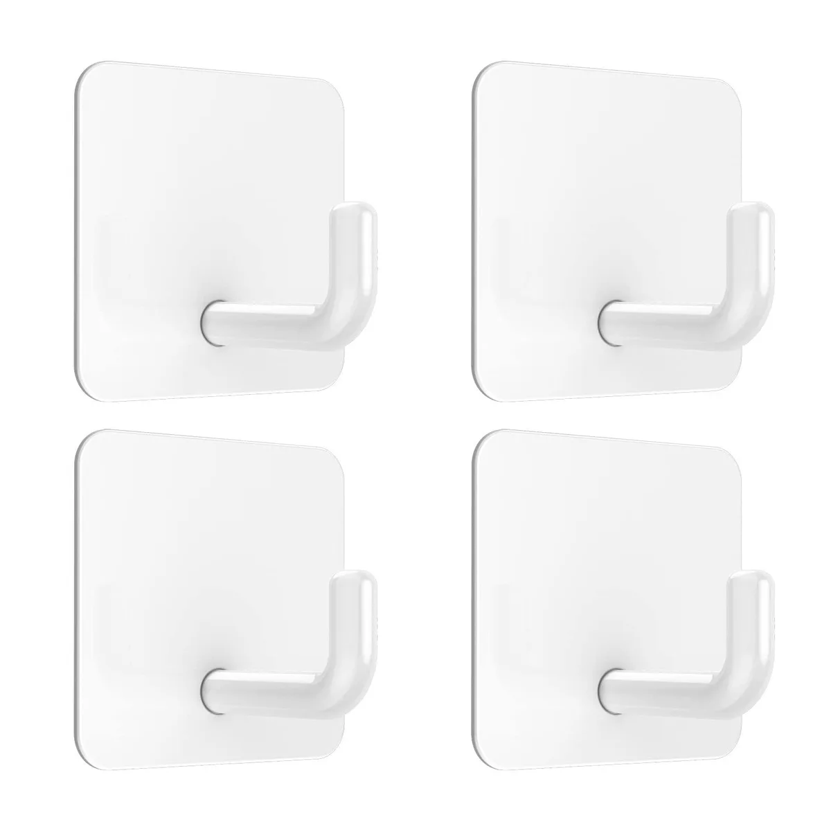 Four small square white metal hooks with painted finish, 1.7 by 1.7 inches, adhesive backing