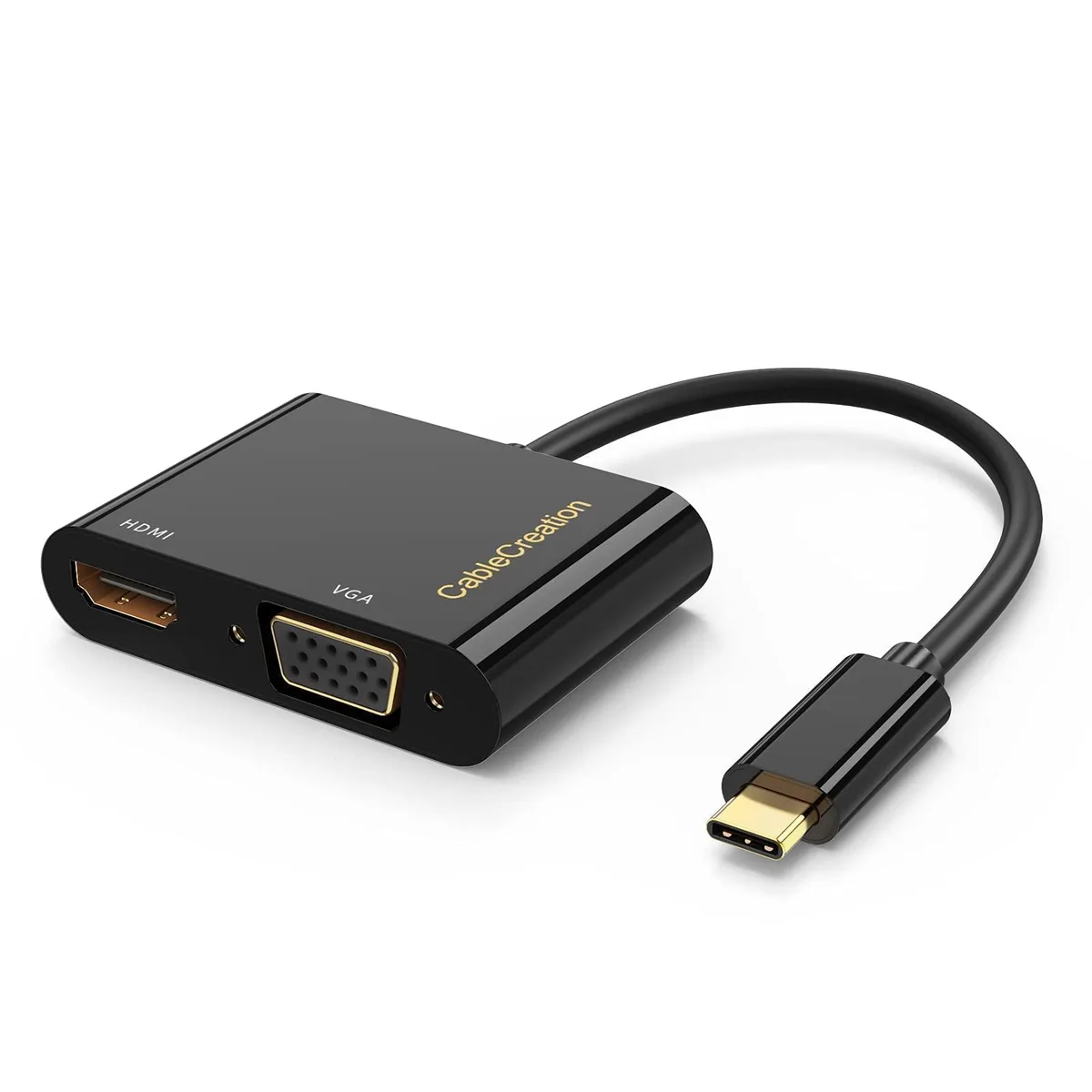 Black USB-C adapter with HDMI and VGA ports
