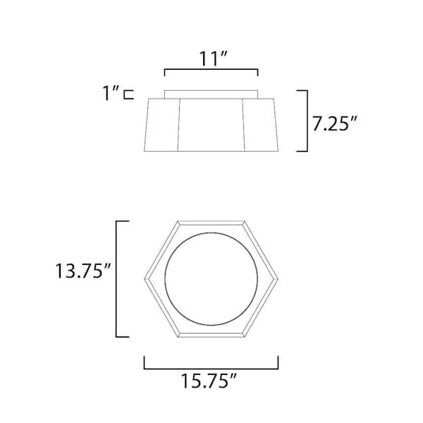 A series of hexagonal metal shades in black with gold interior forming a gentle arc 16 inch flush mount