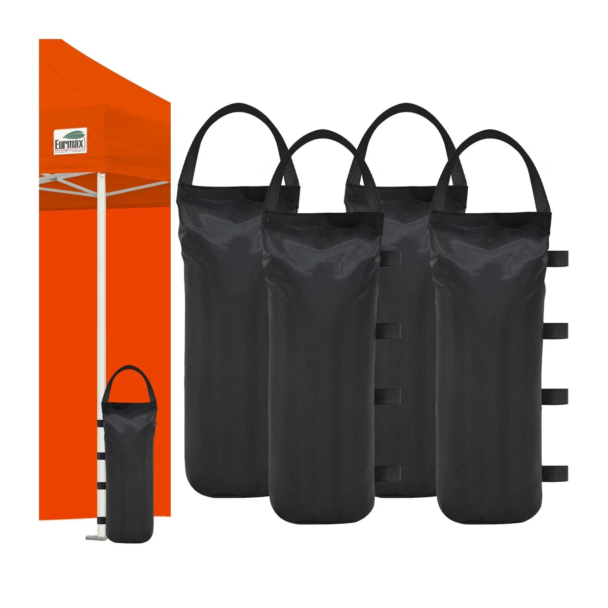 Four black fabric canopy weight bags with wrap-around straps, empty and folded flat