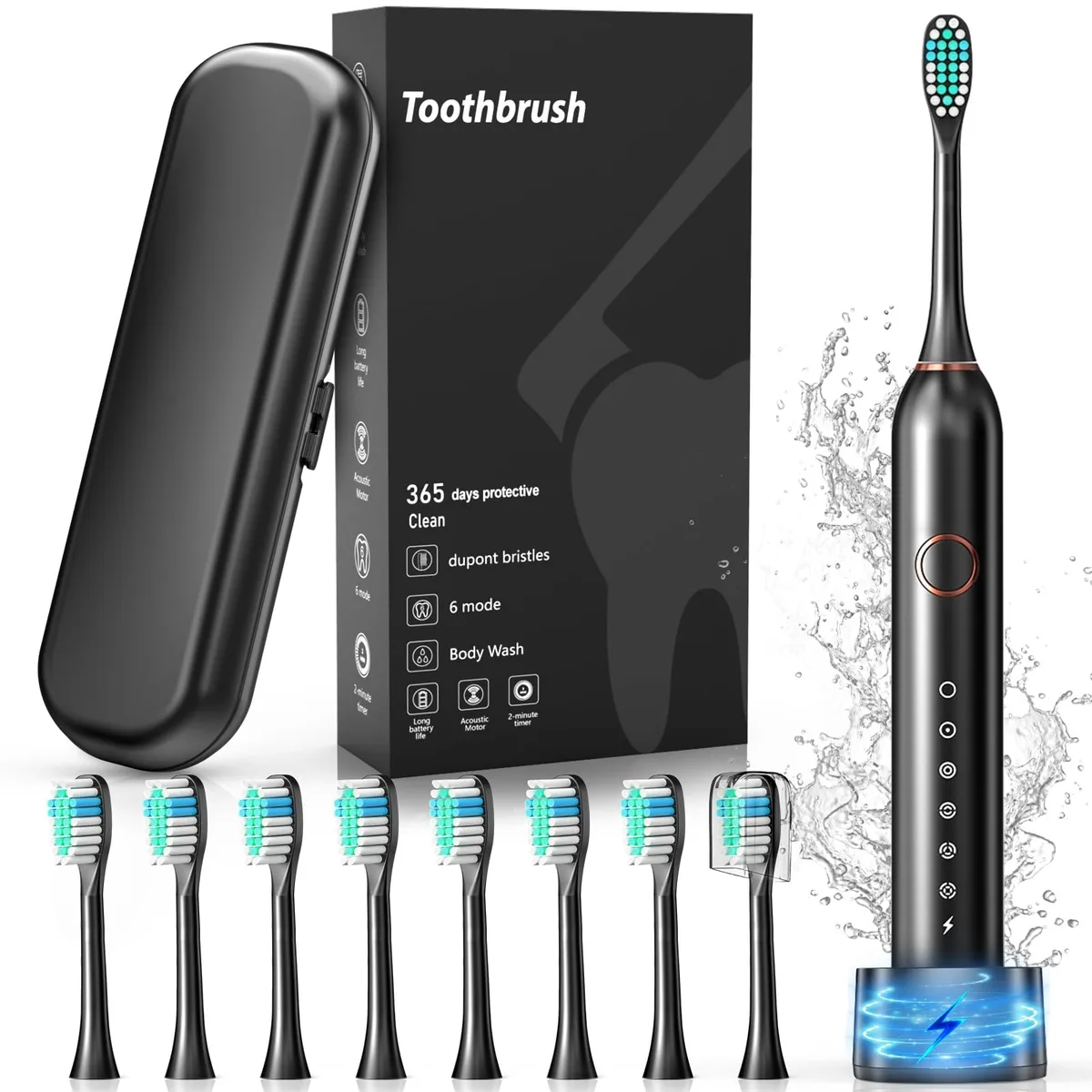 Black cylindrical sonic toothbrush with travel case and multiple brush heads