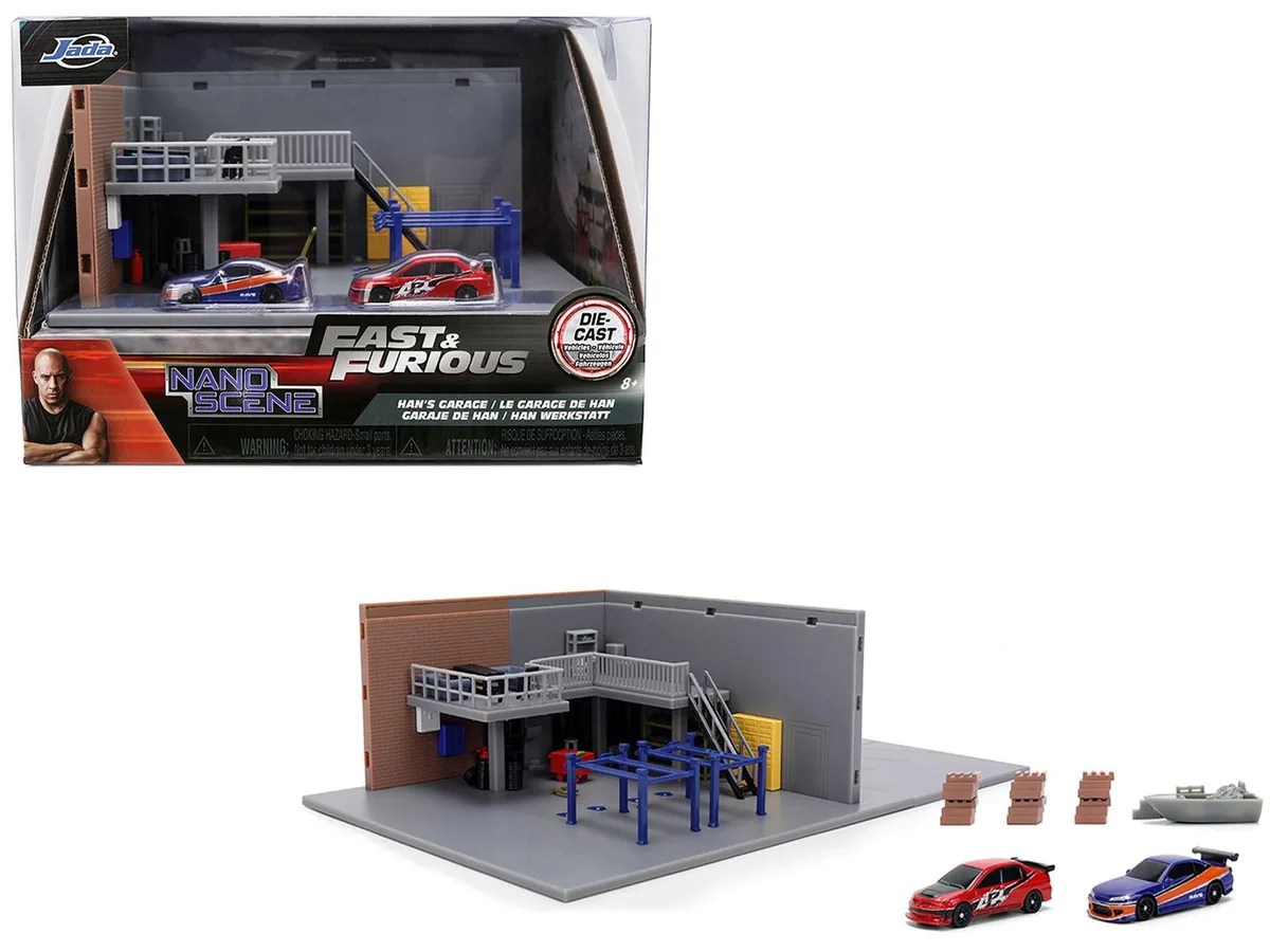 Jada Jada Fast &amp; Furious Han's Garage Diorama Nano Scene 1/32 with 2 Cars — product photo