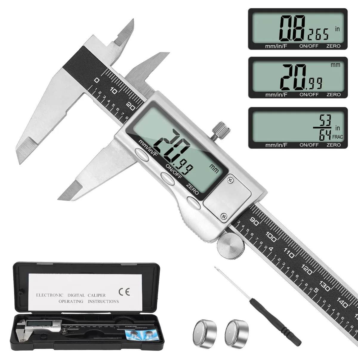 Stainless steel digital caliper with large LCD screen, 150mm range