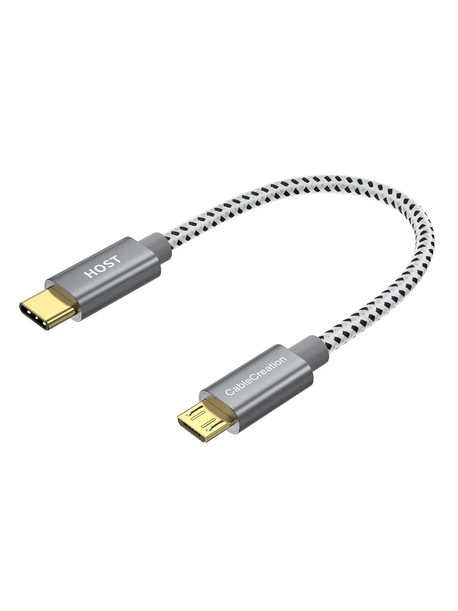 Short braided grey Micro USB to USB C cable .65 ft