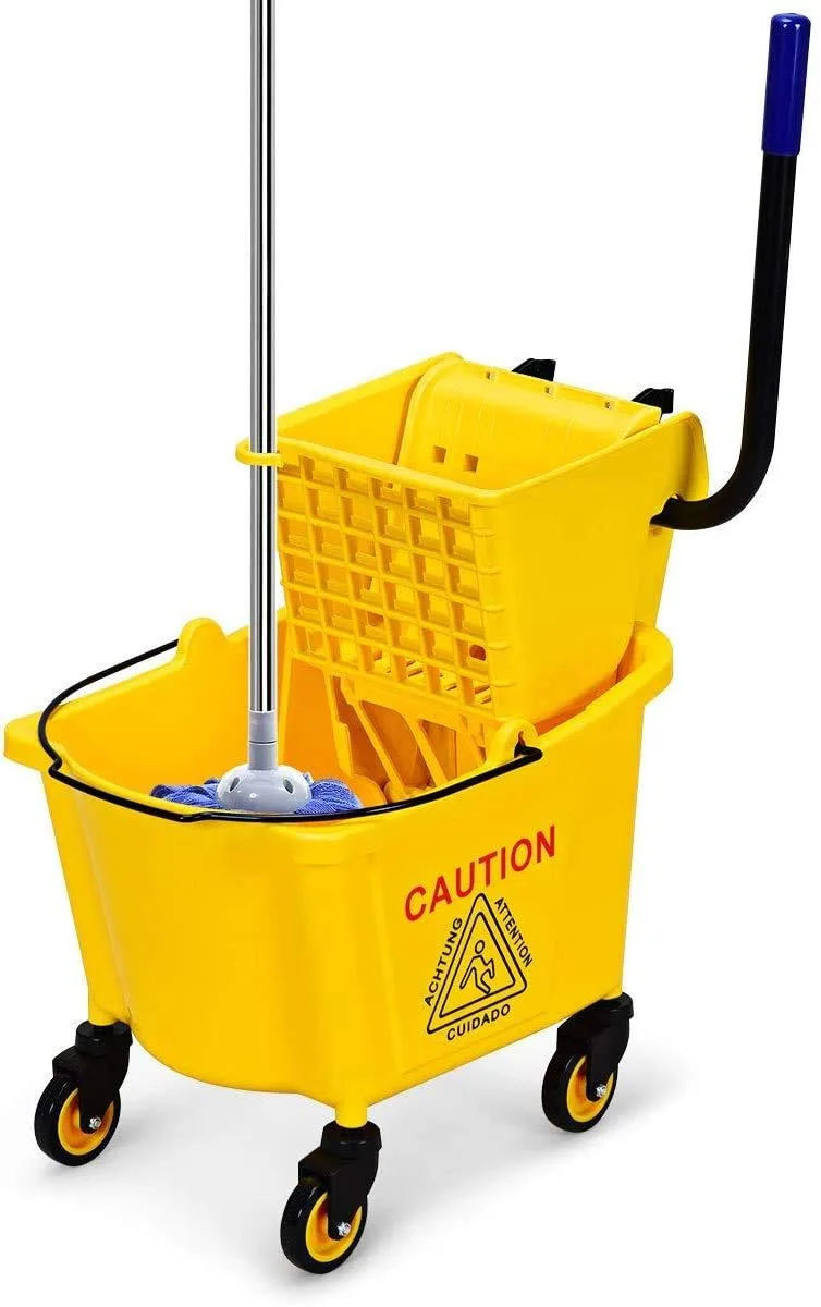 Yellow 26 quart mop bucket with side-press wringer and four wheels