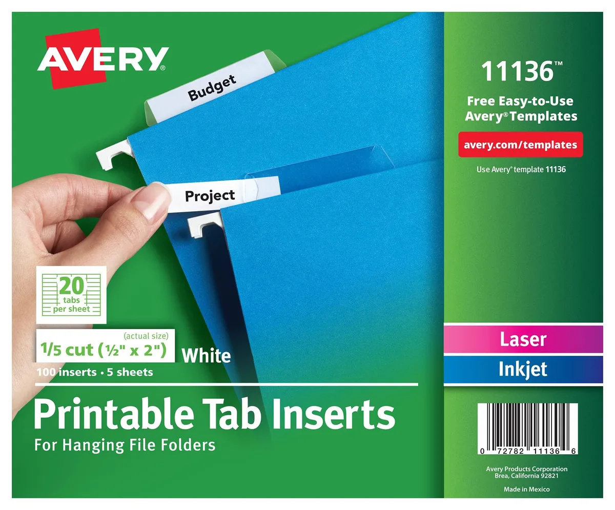 White paper tab inserts for hanging file folders, 100 count