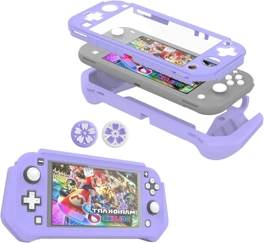 Purple protective grip case for Nintendo Switch Lite with built-in screen cover