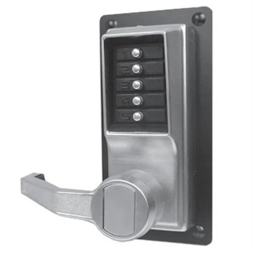 Satin chrome mechanical pushbutton exit trim with lever, right hand