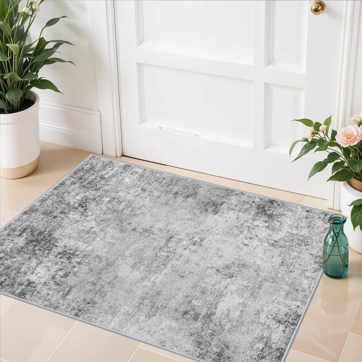 Grey runner rug, rectangular, low pile, rubber backing, 1.41 pounds