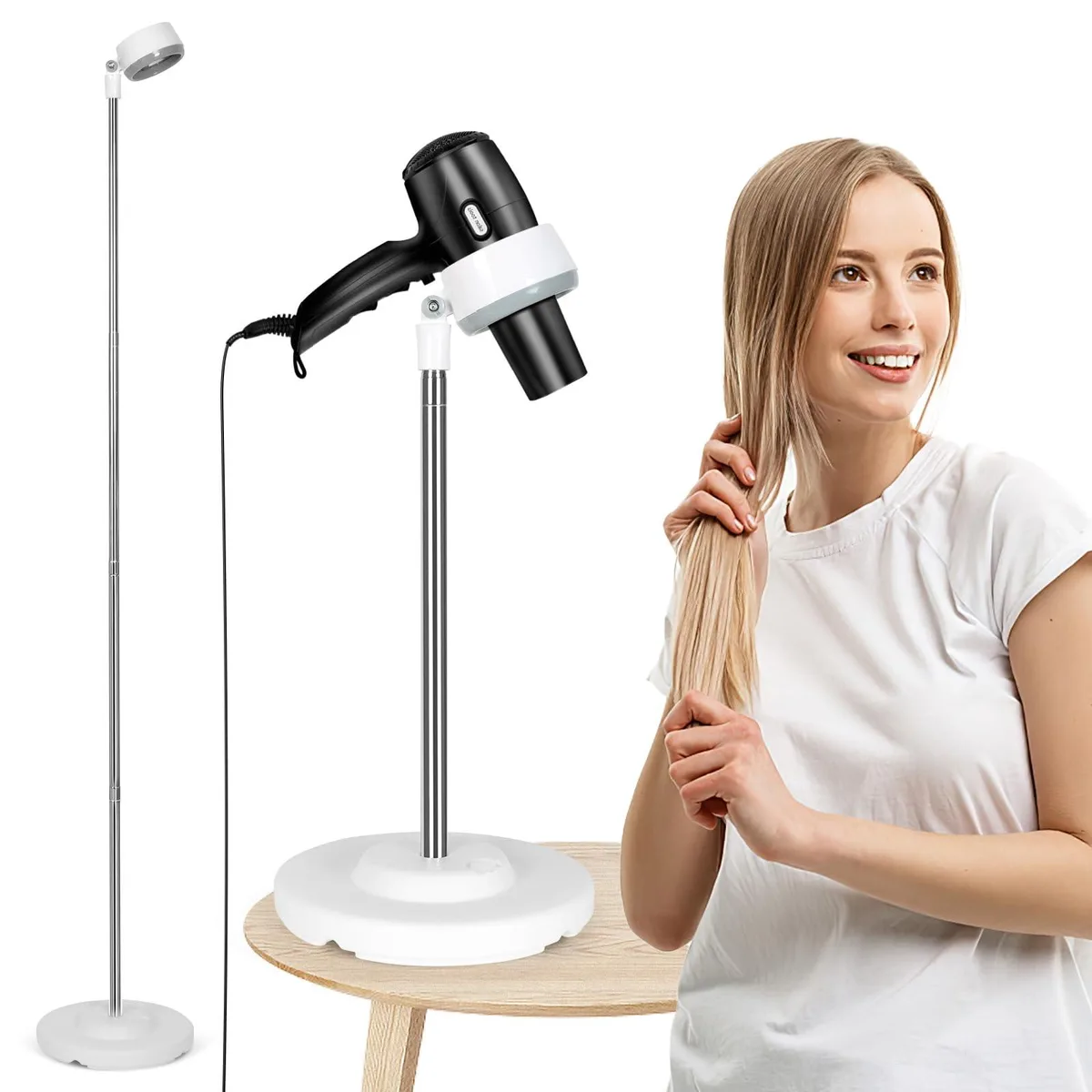  Adjustable Hands-Free Hair Dryer Holder with Base, 180° Rotating, 59 in / 150 cm, White — product photo