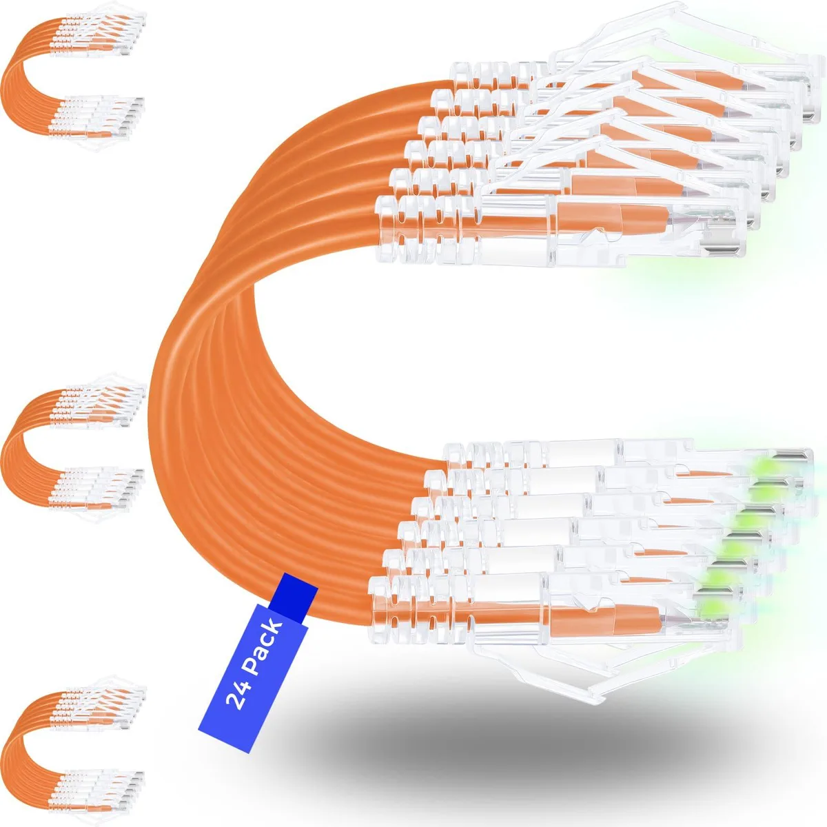 Twenty-four short slim orange Ethernet cables with clear snagless RJ45 connectors