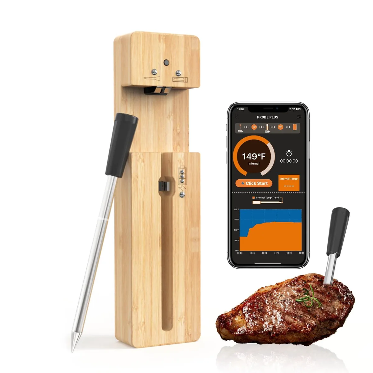 Black wireless meat thermometer probe and charging base