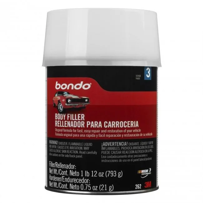 Pink two-part body filler in a 28 fl oz can with red cream hardener