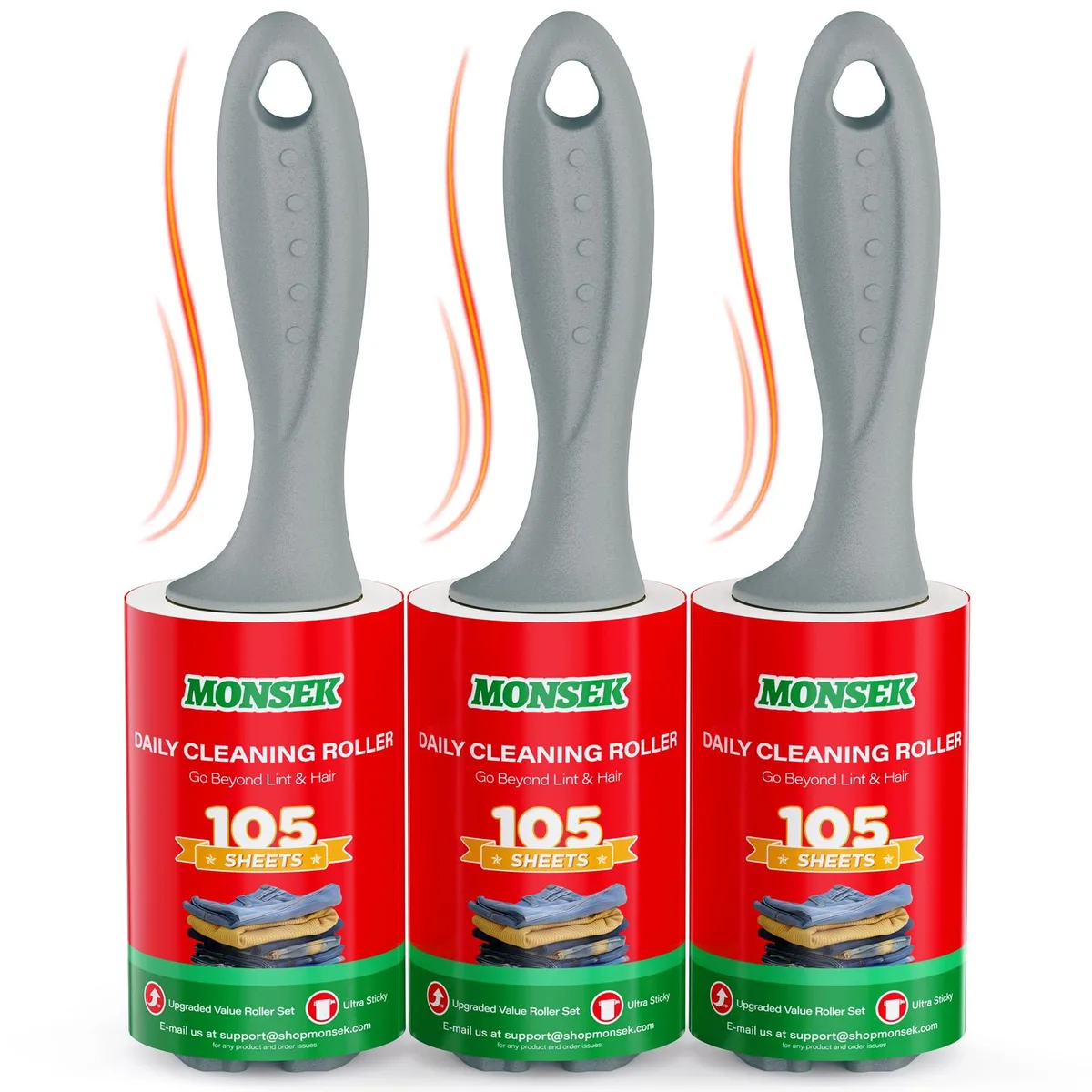 Three red lint rollers with curved handles and refill sheets visible