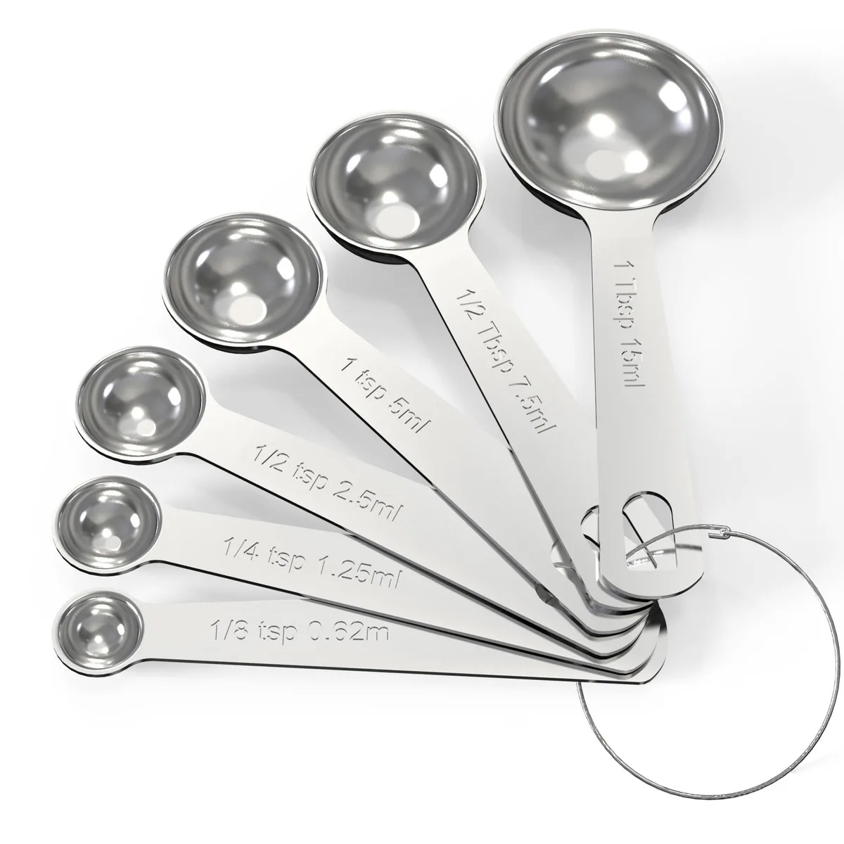 Six stainless steel measuring spoons on a ring, sizes engraved on each bowl