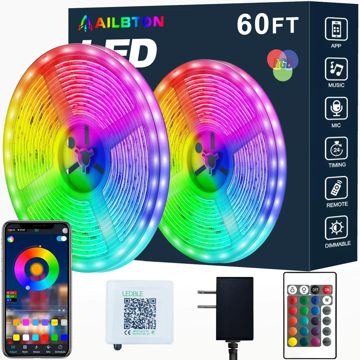 A 60ft flexible LED strip on a reel, 360 5050 RGB LEDs, clear plastic coating, 12V power brick