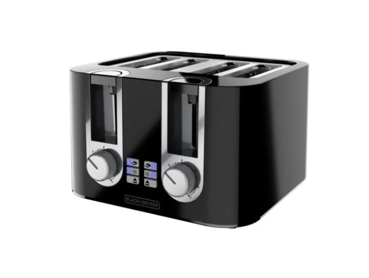 Black four-slice toaster with wide slots and matte finish