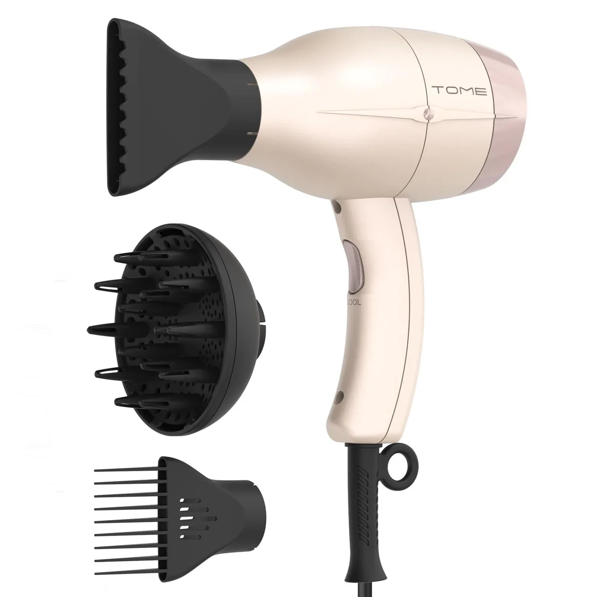 Pink ionic hair dryer with diffuser comb and nozzle attachments