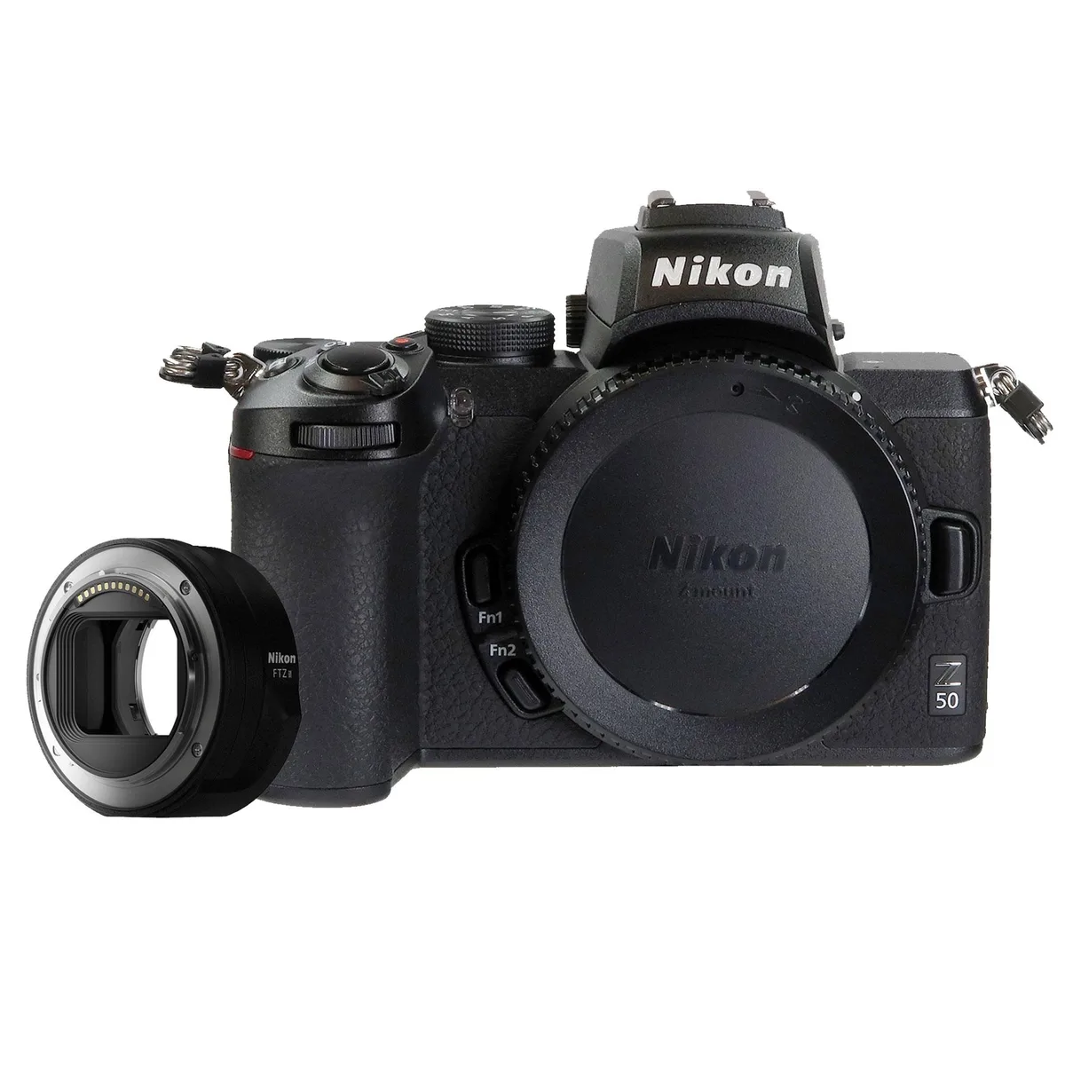 Nikon Z50 mirrorless camera body with FTZ II mount adapter attached
