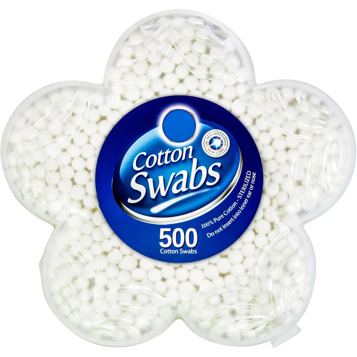 White rectangular box holding 500 double-tipped cotton swabs
